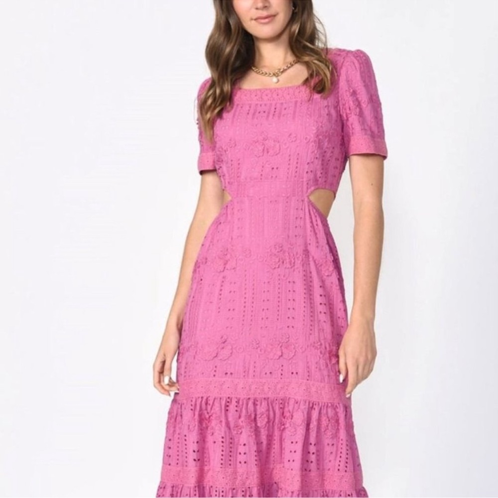 Adelyn Rae Pink Side Cut Out Embroidered Midi Dress w/ Puff Sleeves